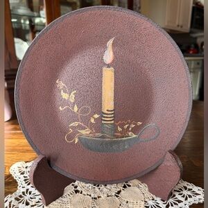 Primitive Folk Art Candle Plate – Hand Painted – Signed Donna White. G2WC
